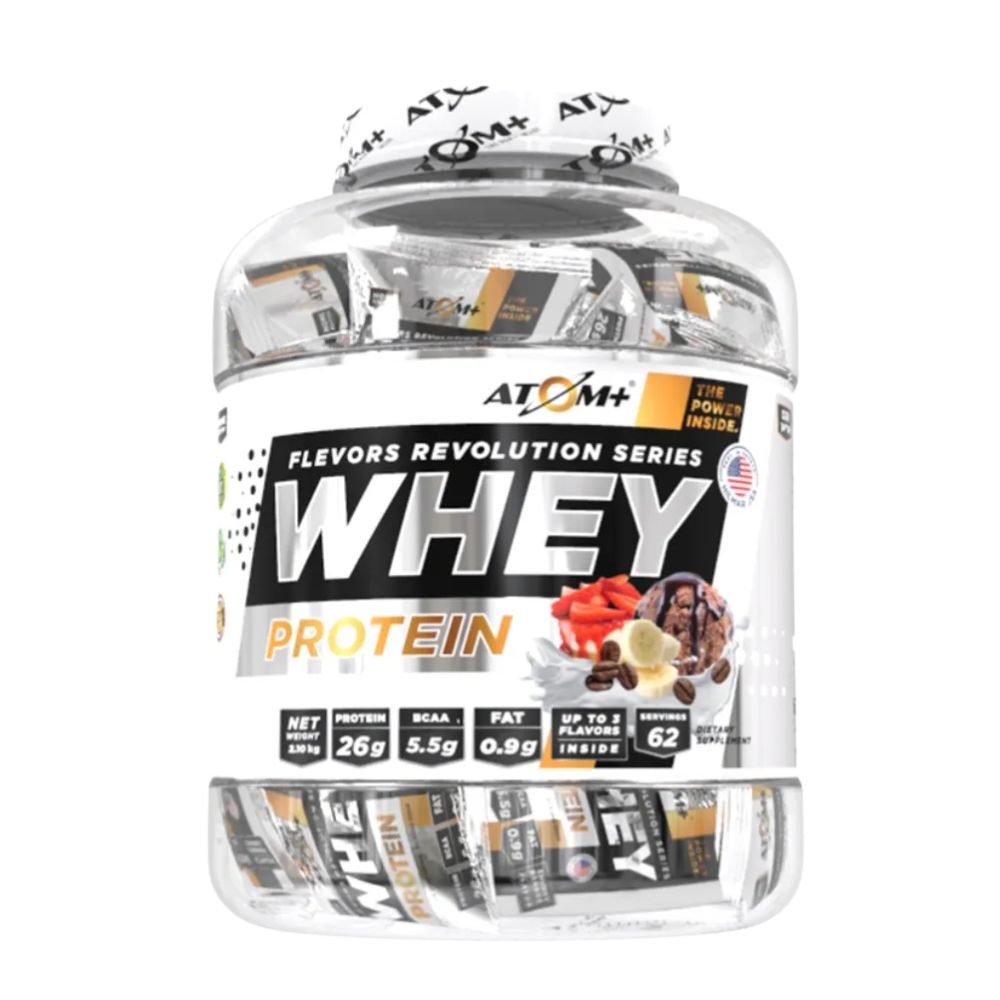 אבקת חלבון אטום פלוס 62 מנות - Atom Plus Whey אבקת חלבון Atom Plus במנות אישיות – 2.1 ק"ג, 62 יחידות, 26 גרם חלבון כל אחת